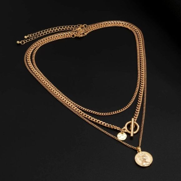 7/$35 Gold Color Three Layer Toggle Medallion Necklace - Picture 4 of 7